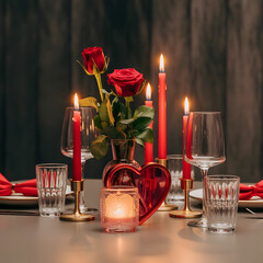 Romantic dinner table setting with roses and candles