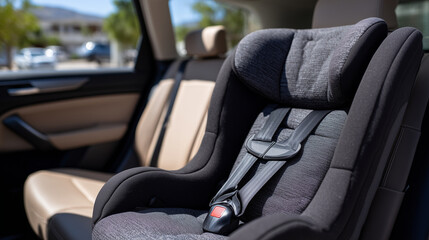 Side-angle view of a rear-facing child car seat in a sedan, safety harness properly buckled, leather or fabric car seats in background, clean interior, realistic automotive detail