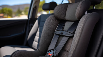 Close-up of padded shoulder straps and buckle of a child car seat, installed in a sedan back seat, seatbelt threading clearly visible, professional product and safety focus