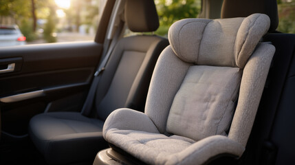 Close-up of child car seat angled towards window, showing padded side wings and cushioned base, sedan back seat interior, natural soft lighting highlighting safety design