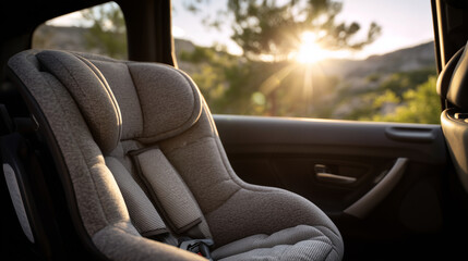 Wide shot of a child car seat in the back of a crossover, sun shining through the rear window, seat installed on passenger side, emphasizing safety and comfort