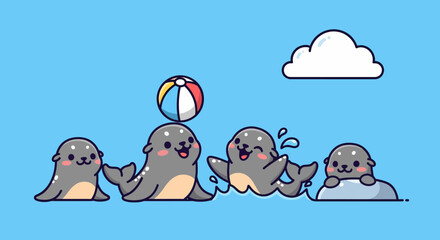 Cute Cartoon Seals Playing with a Beach Ball.