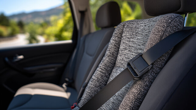 Side-profile of a child car seat fastened with a seatbelt, crossover rear seat interior visible, textured fabric and plastic details, emphasis on safe driving environment