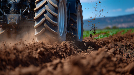 Macro detail of soil texture being churned by tractor, tire treads leaving imprints, dust floating above the field, spring preparation for cultivation