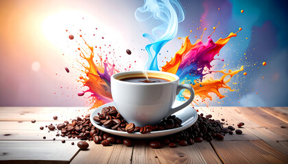 A cinemagraph (living photograph) of a steaming cup of artisan coffee on a rustic wood table