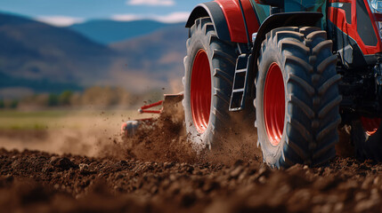 Low-angle wide close-up of tractor tire rolling through dry soil, plow turning earth in background, dust and debris rising, farming equipment preparing field for crops