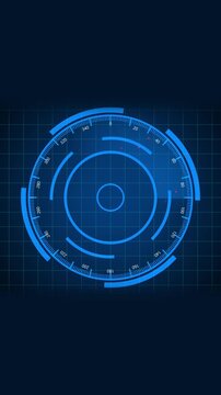 Blue hud interface sci fi digital gauge progress bar motion graphics vertical video. Abstract neon glowing circles rotating progress bar speedometer vertical video.