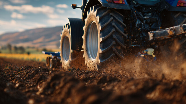 Detail shot of tractor tires and plow in motion, dust and soil particles suspended in sunlight, rural landscape backdrop, agricultural machinery and farmland preparation