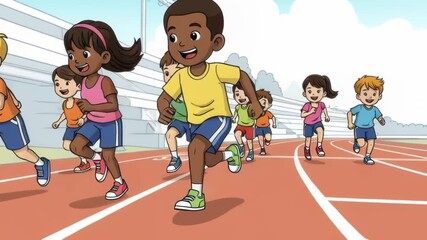 Kids racing on track: energetic group of children competing in a fun and friendly sprint