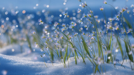 Close-up of tiny wheat shoots peeking through melting snow, delicate stems bending under light snow, soft sunlight creating glistening effect on frozen tips