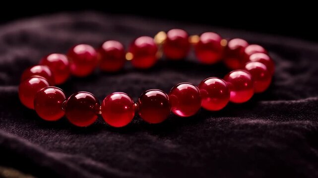 Red bead bracelet on dark fabric with soft lighting highlighting the round shapes and smooth surface of the beads