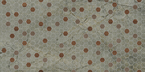 The balanced, modern geometric pattern created by placing wood tiles between green marble hexagonal tiles is ideal for interior spaces.