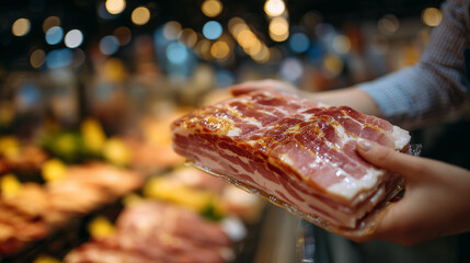 Overhead close-up of hands holding deli ham, supermarket meat counter visible below, neatly stacked vacuum-packed pork, consumer purchase and food quality theme