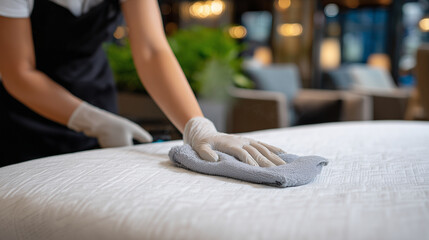 Wide close-up of mattress surface being treated with hot steam, hands in gloves pressing extractor, clean white mattress texture visible, commercial cleaning and hygiene emphasized