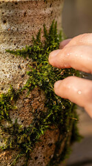 Fingers touching green moss with water droplets on stone surface