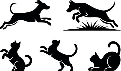 black silhouettes of dogs and cats in various poses