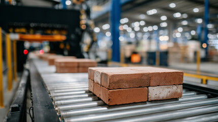 Low-angle close-up of red bricks stacked precisely by robotic system, conveyor belt in motion, factory interior with structured automation, efficiency and industrial technology con
