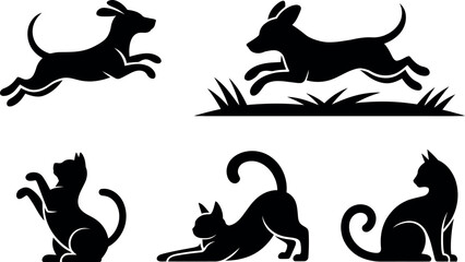 black silhouettes of dogs and cats in various poses