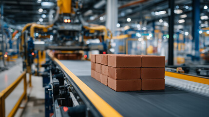Naklejka premium Angled wide close-up of automated brick production line, rows of red bricks on conveyor, robotic packaging and stacking, ceramic factory machinery in soft focus