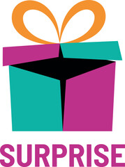 Colorful gift box with orange ribbon and surprise text