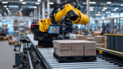 Fototapeta premium Close-up of bricks on moving conveyor with robotic arm in background, precise stacking of ceramic bricks, high-tech industrial environment, modern brick production efficiency highl