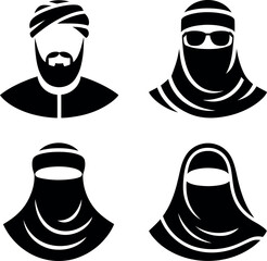 Four different types of Arabic headwear and face coverings for cultural and religious purposes