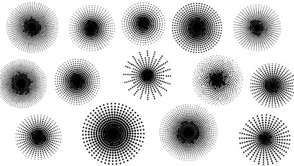 Abstract Halftone Dot Radial Sunburst and Circle Patterns, Isolated White Background