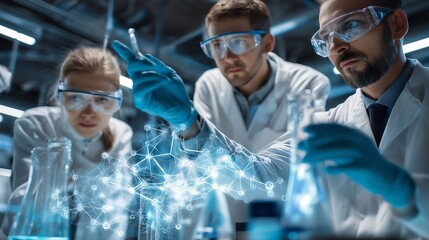 team of scientists examining holographic quantum molecular network