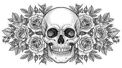 Detailed Human Skull with Roses and Floral Garland Isolated White Background, Gothic Art Illustration