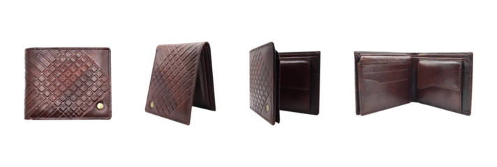 Brown leather wallet with banknotes and credit card inside isolated on white background. Leather bifold isolated on white background. High quality photo. Genuine leather moneybag.