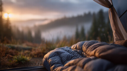 Detail shot of sleeping bag zippers and fabric textures, soft morning mist outside tent, forested landscape faintly visible, warm and inviting camping atmosphere