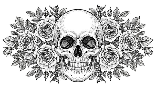 Detailed Human Skull with Roses and Floral Garland Isolated White Background, Gothic Art Illustration