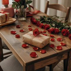 Romantic table setting with roses and gifts