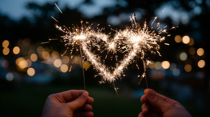 Two hands holding sparklers in heart shape, glowing against dark background, intimate festive vibe