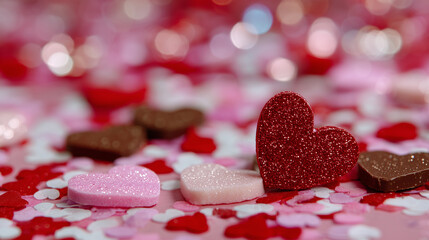Macro shot of red and pink confetti scattered on table, small chocolate hearts, festive Valentineâs scene