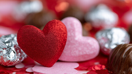 Macro of pink and red paper hearts scattered on a table, small wrapped chocolates, festive romantic close-up
