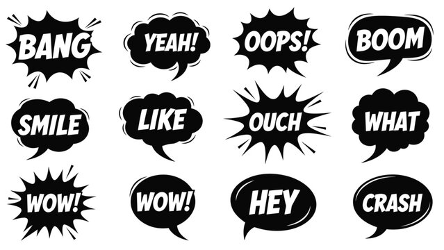 Collection of cartoon speech bubbles with various onomatopoeia and interjections