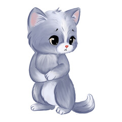 Fototapeta premium A cute gray kitten with big sad eyes, a fluffy tail, and soft fur, drawn in a delicate childlike style. Perfect for children's designs, stickers, books, cards, and prints.