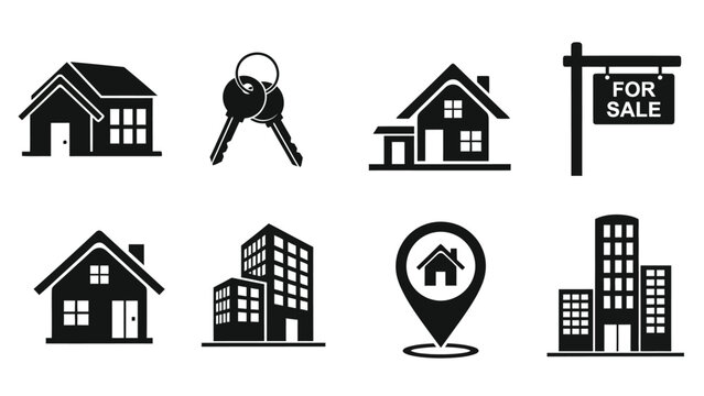 Real estate icons featuring houses keys and for sale signs are displayed