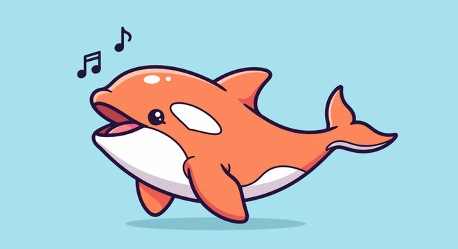 Cute Orange Orca Whale Singing Music Notes.