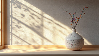 Minimalist wabi sabi interior with a ceramic terrazzo vase and dried branches. Warm natural sunlight, soft window shadows, neutral background and large copy space.