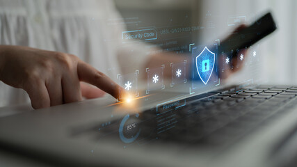 A concept of an advanced cybersecurity system. The futuristic interface shows a multi-factor authentication process using a secure password or PIN for enhanced data protection. Fermion