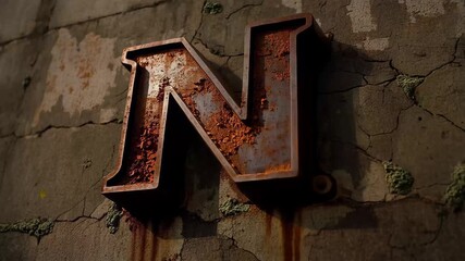 Rusty metal letter N on a concrete wall with signs of wear and aging