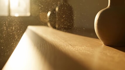 Dust particles floating in the air near wooden objects on a table in a room with sunlight streaming through the window