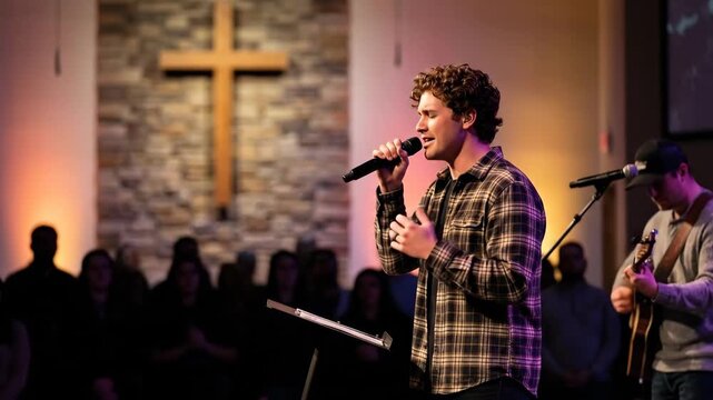 Young male singer performing with microphone on stage in front of wooden cross during church worship service