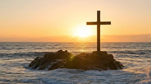 Silhouette of wooden cross standing on rock in ocean waves against dramatic golden sunset sky representing hope faith and resurrection during easter holy week celebration