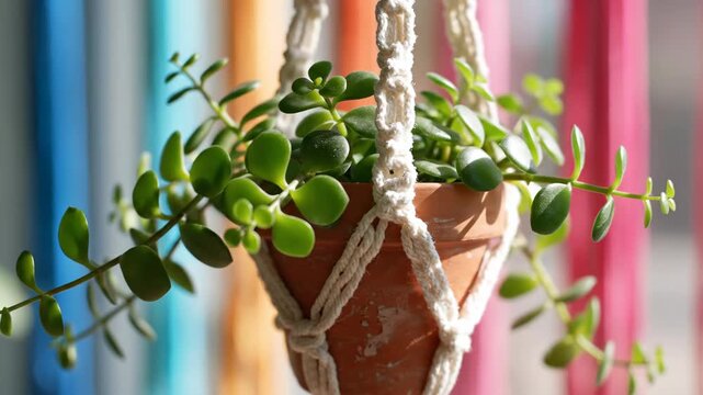 Green succulent jade plant in terracotta pot hanging in handmade white macrame holder against colorful ribbon background
