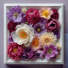 Square floral artwork featuring vibrant mixed blossoms arranged in a framed composition, soft pastel tones and rich textures, ideal for interior decor, spring design, and romantic creative concepts.