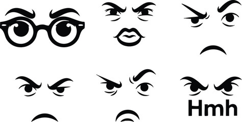 Line art emoticon icon set close up expressive angry skeptical eyes glasses pursed lips various mouth shapes on white background flat vector bold high contrast minimal