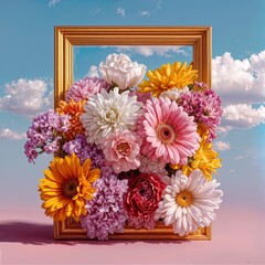 Colorful floral bouquet arranged inside a classic picture frame against a pastel sky, creative art concept blending flowers and decor, romantic spring still life for design and branding.
